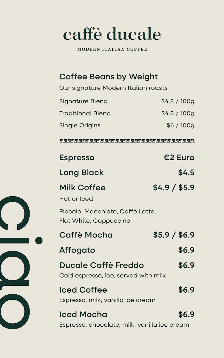 Menu, Caffe Ducale
