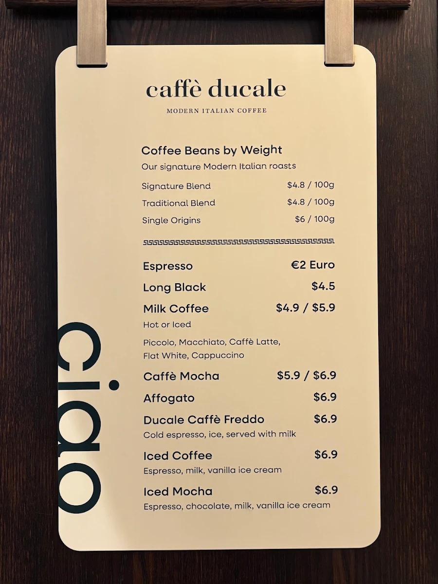 Menu, Caffe Ducale