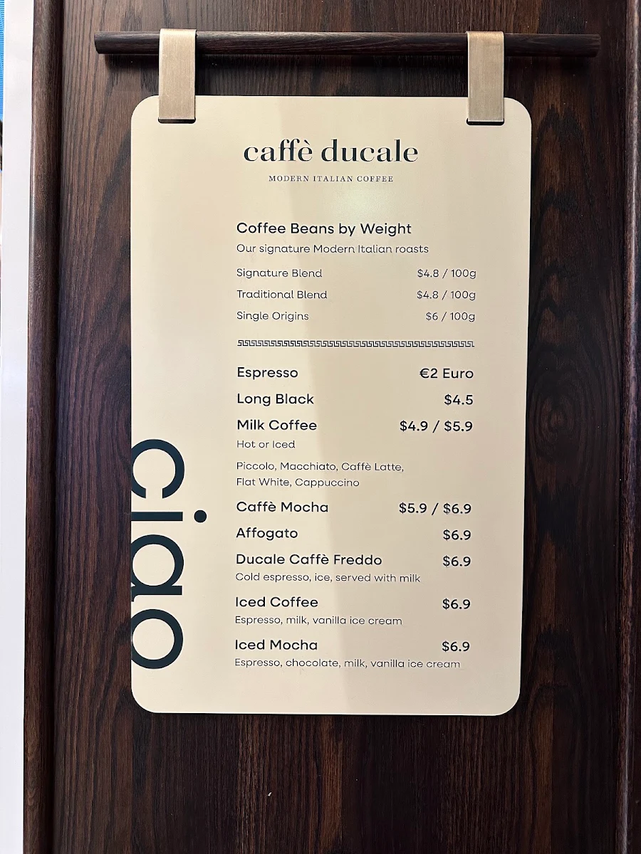 Menu, Caffe Ducale