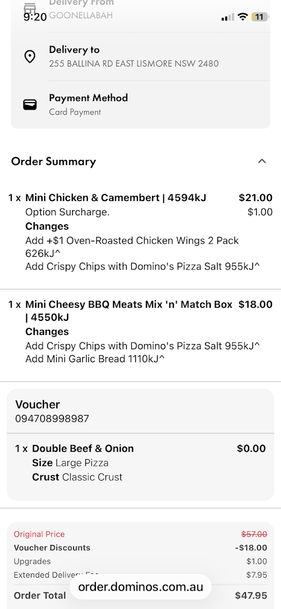 Menu, Domino's Pizza Goonellabah