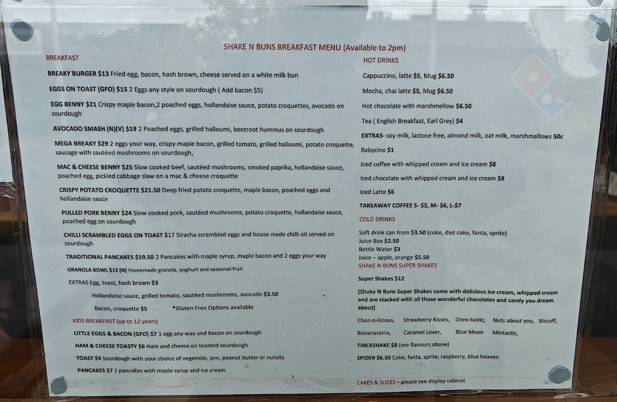 Menu, Shake N Buns