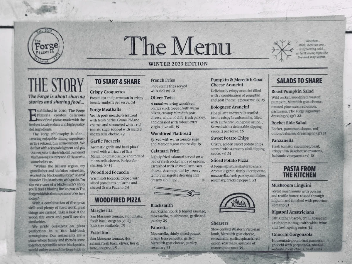 Menu, The Forge Pizzeria