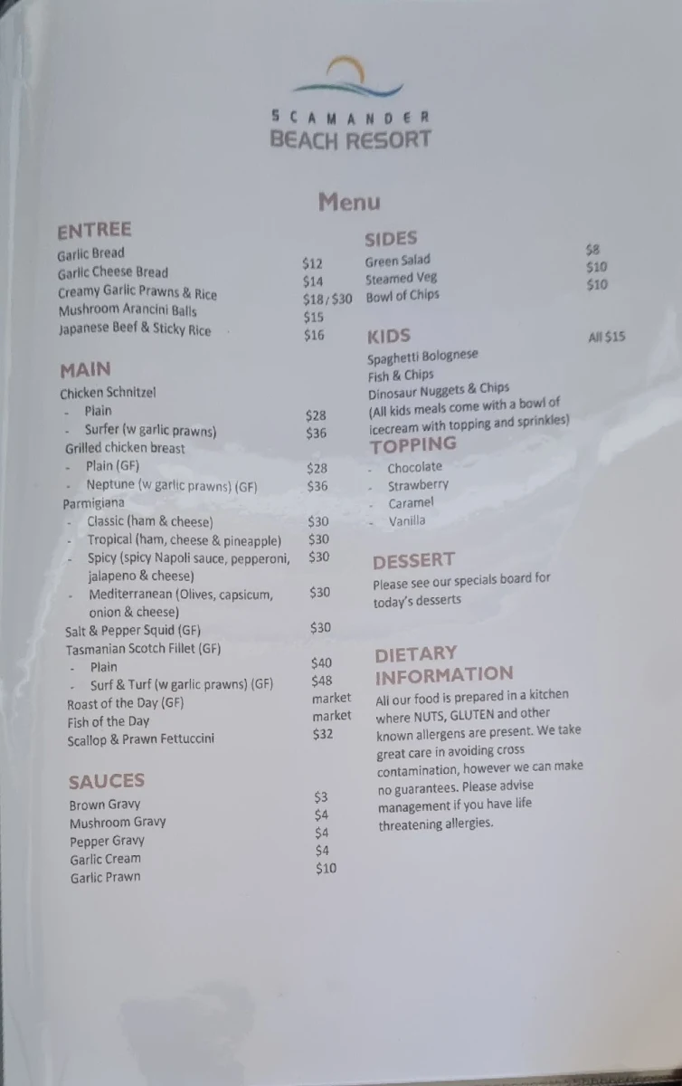 Menu, Beaches Ocean View Eatery