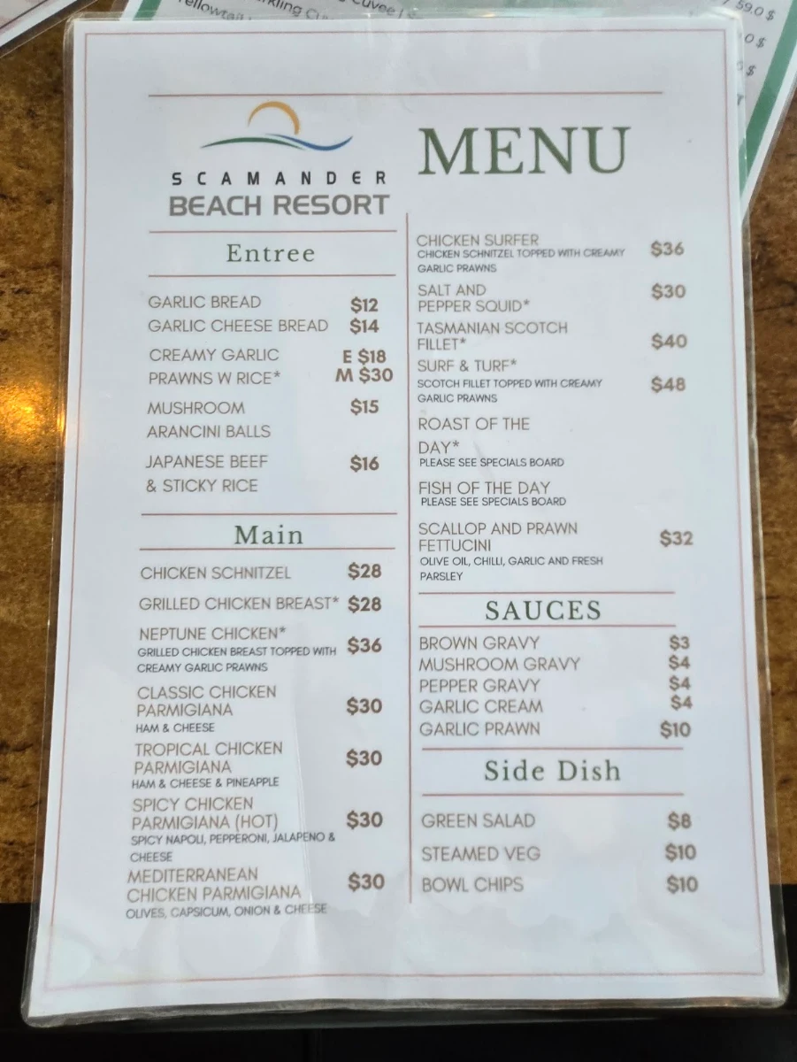 Menu, Beaches Ocean View Eatery