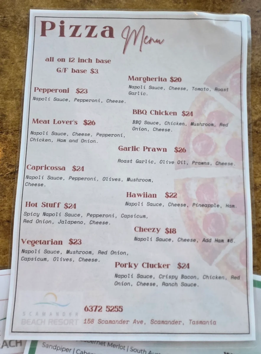 Menu, Beaches Ocean View Eatery
