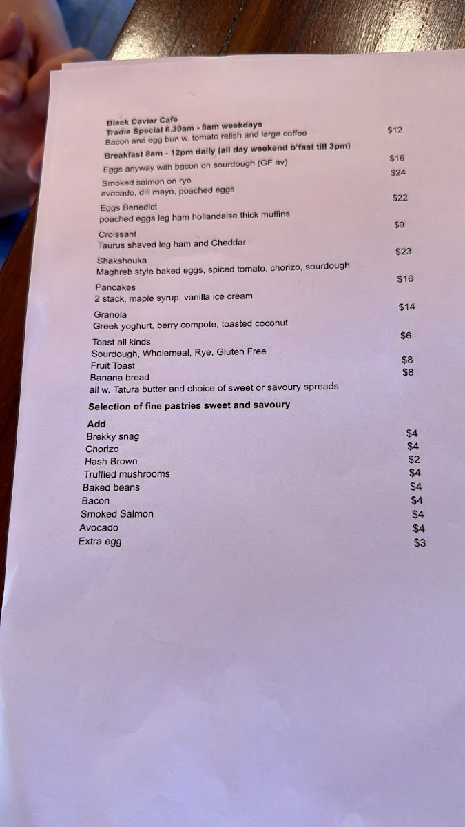 Menu, Black Caviar Restaurant