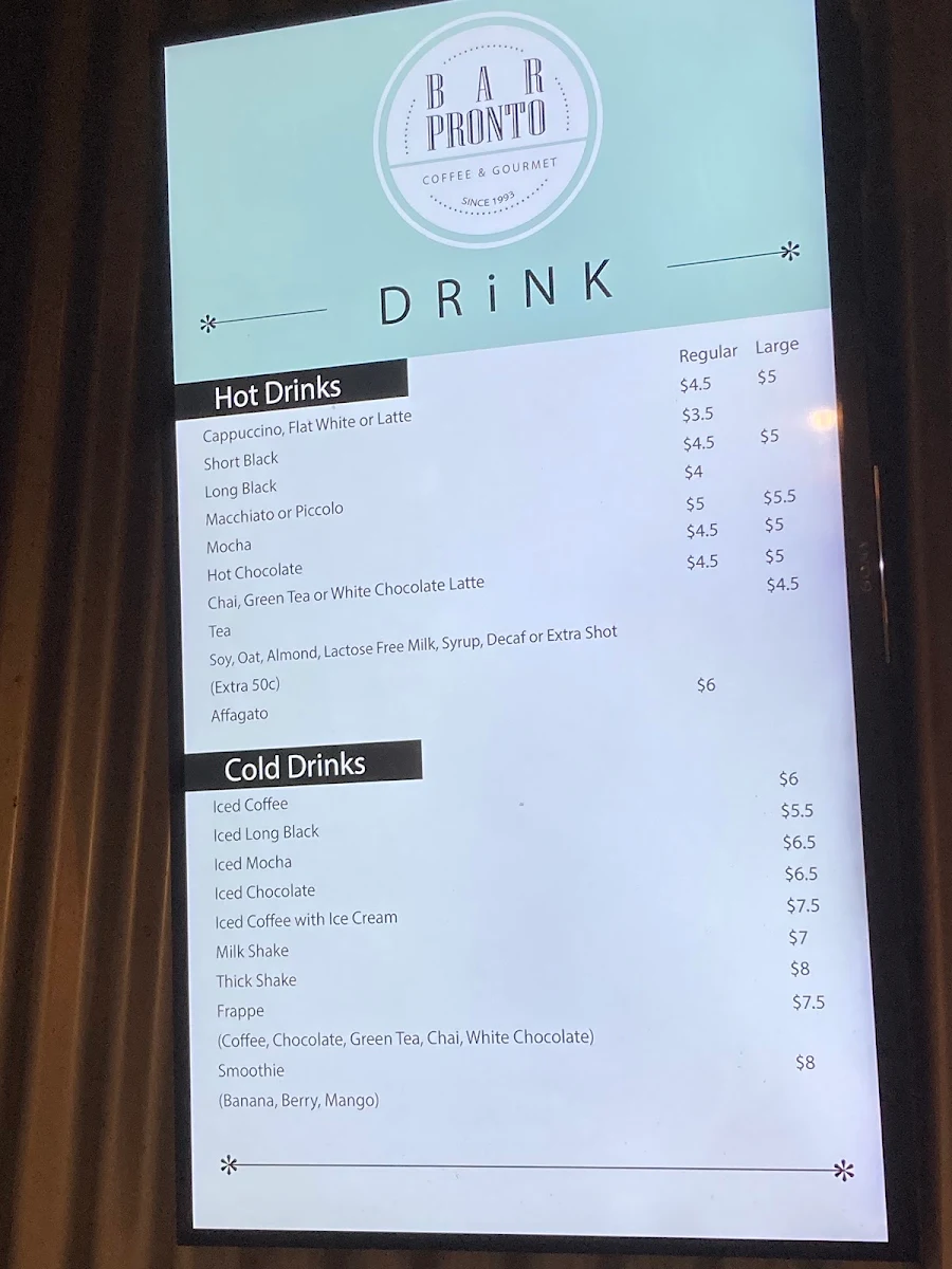 Menu, Bar Pronto