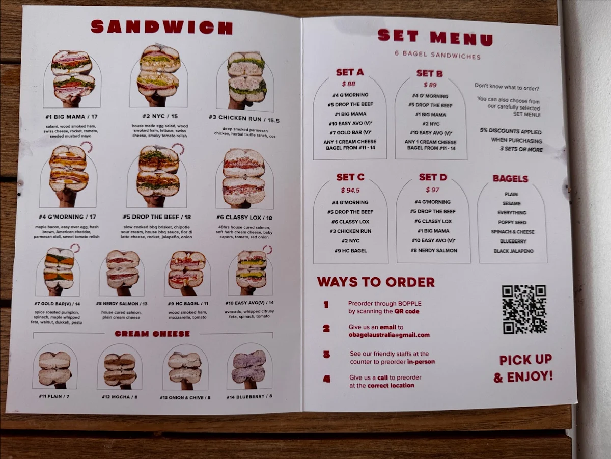 Menu, O Bagel Southport