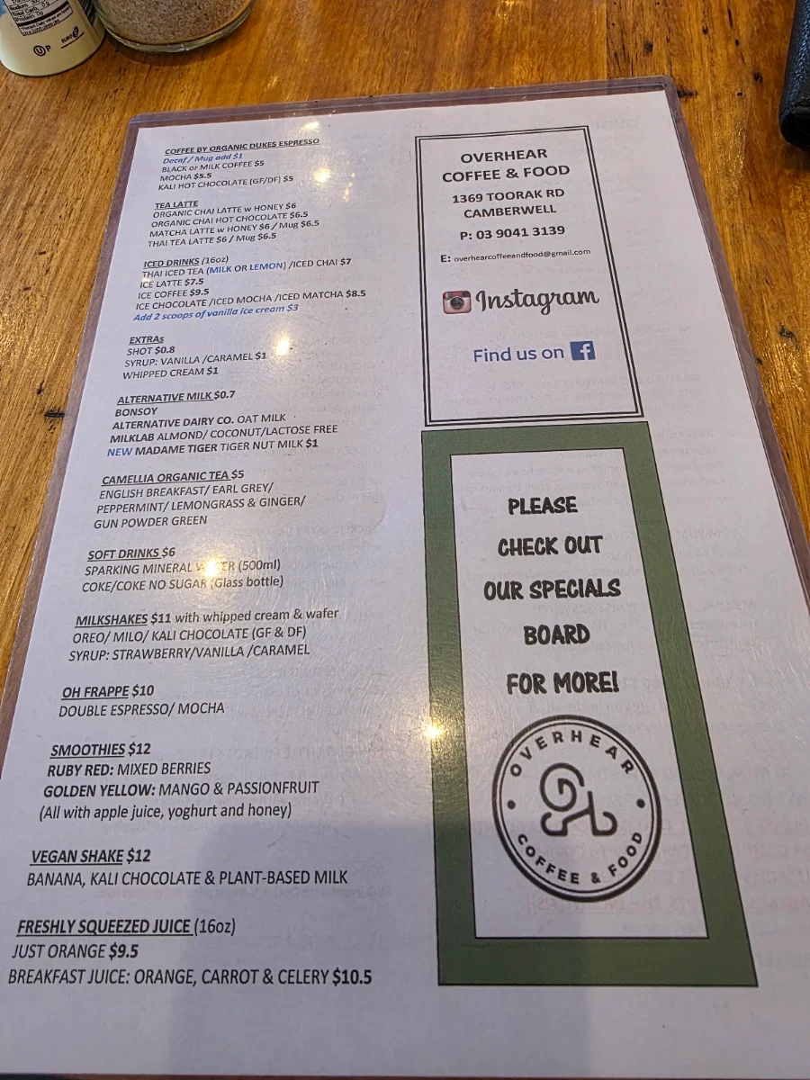 Menu, Overhear Coffee & Food