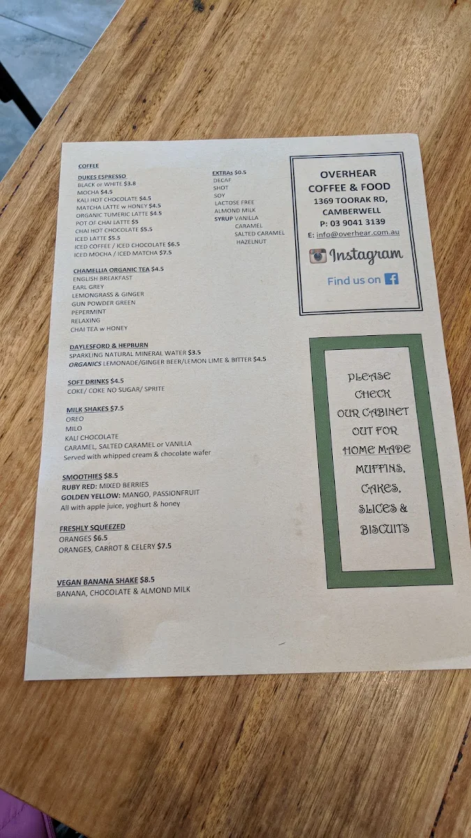 Menu, Overhear Coffee & Food