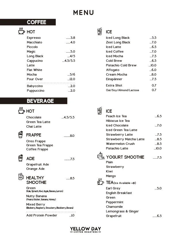Menu, YELLOW DAY COFFEE ROASTERS