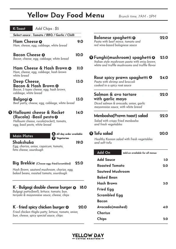 Menu, YELLOW DAY COFFEE ROASTERS