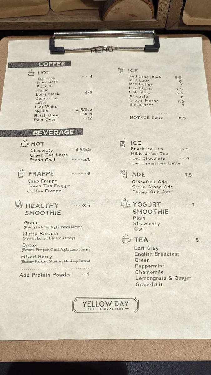 Menu, YELLOW DAY COFFEE ROASTERS