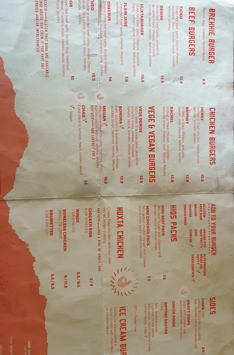 Menu, Huxtaburger Collingwood