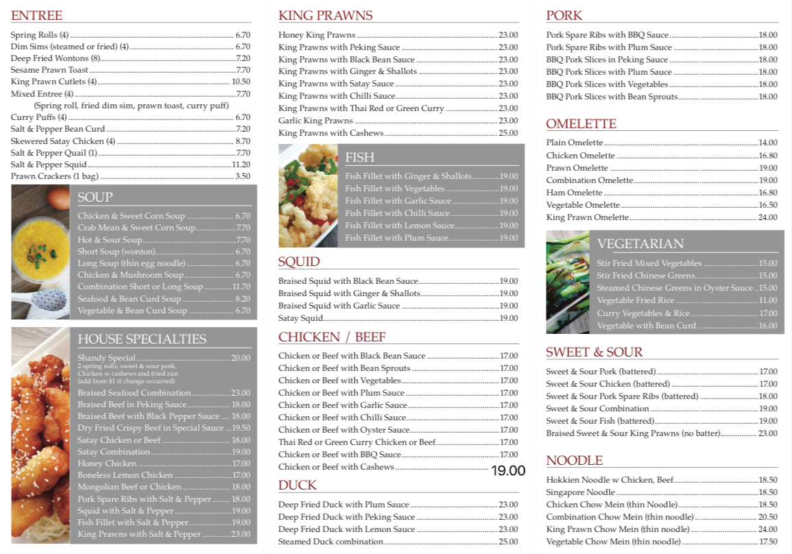 Menu, Kinon Chinese Takeaway