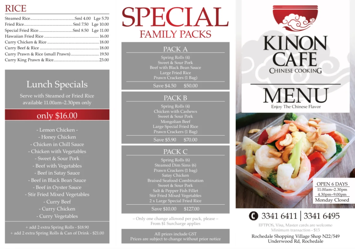 Menu, Kinon Chinese Takeaway