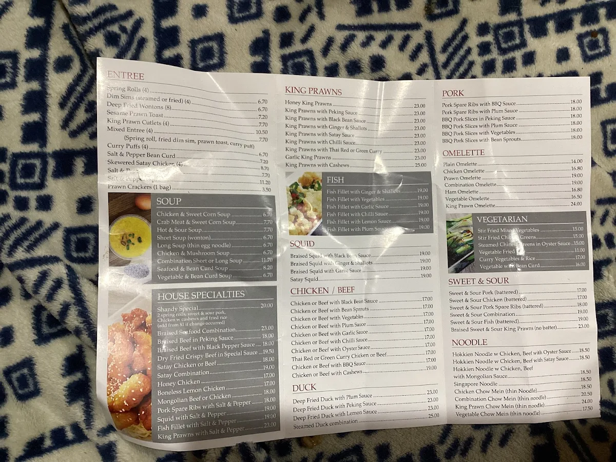 Menu, Kinon Chinese Takeaway