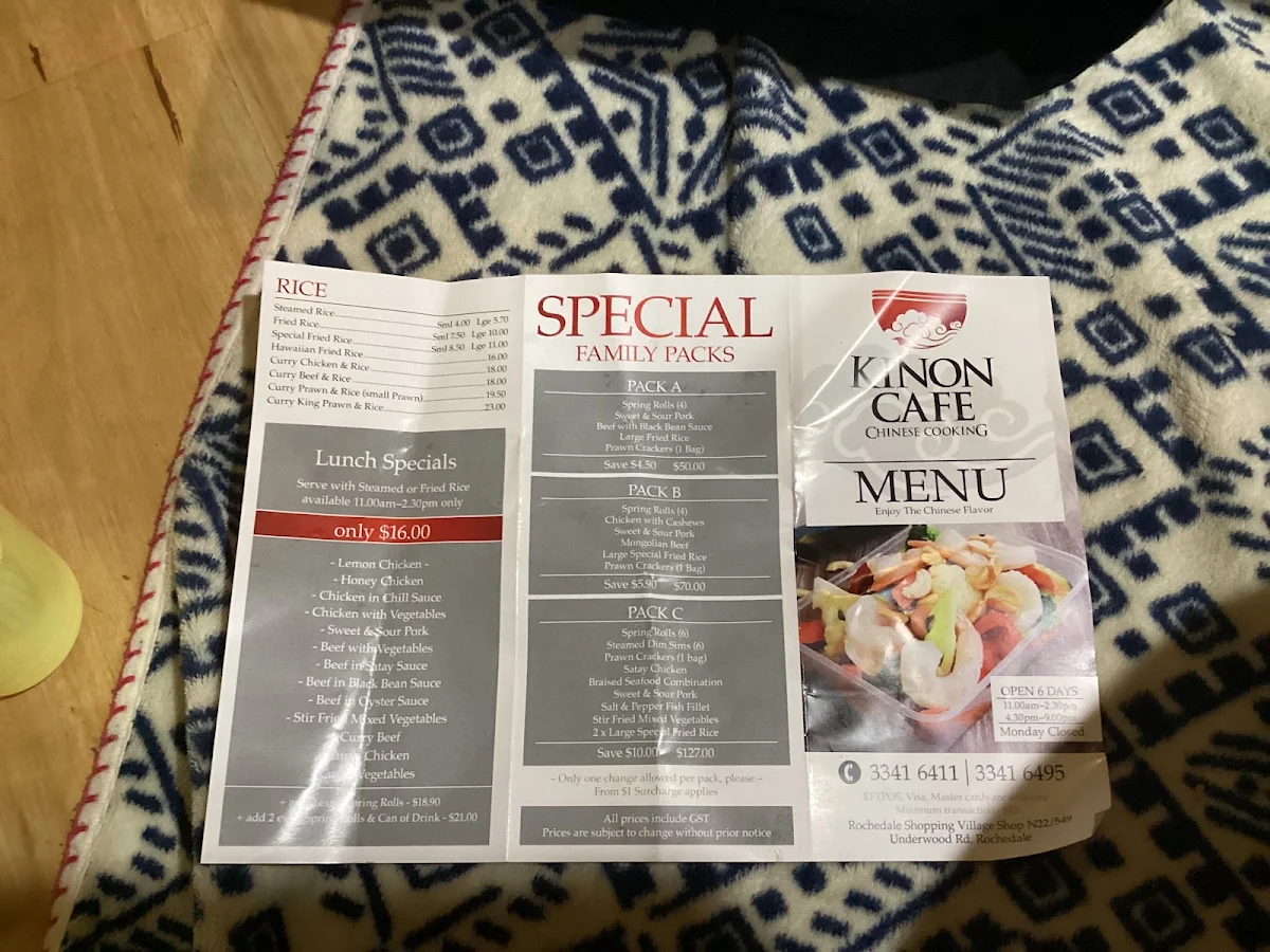 Menu, Kinon Chinese Takeaway
