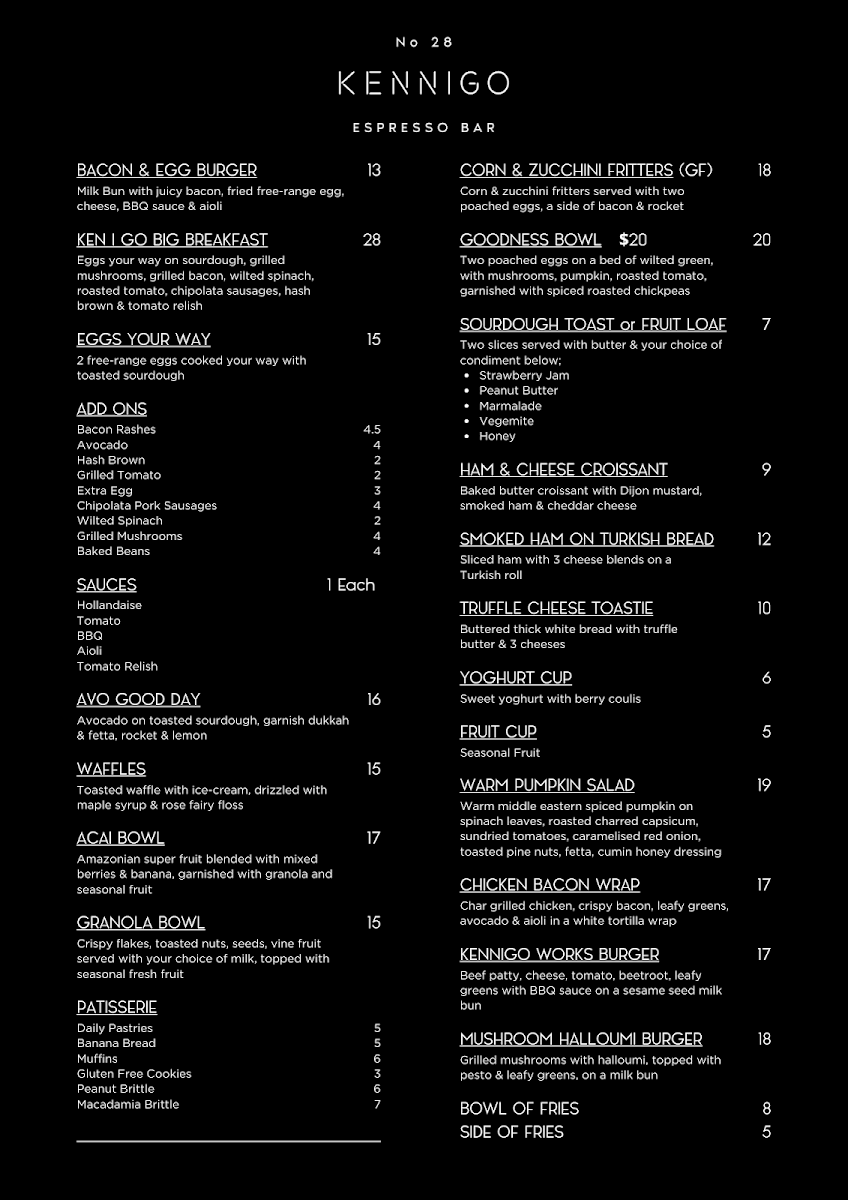 Menu, Kennigo Espresso Bar