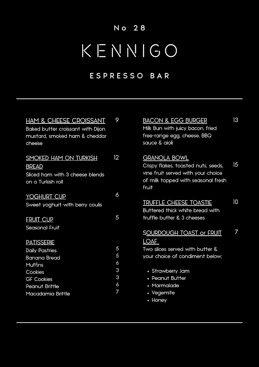 Menu, Kennigo Espresso Bar