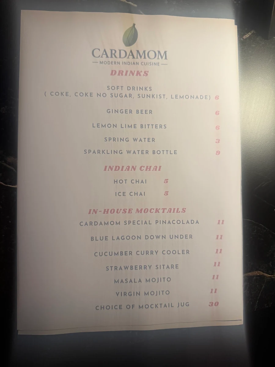 Menu, Cardamom Restaurant