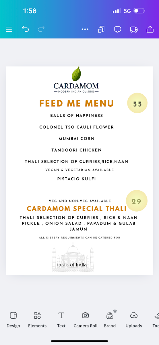 Menu, Cardamom Restaurant