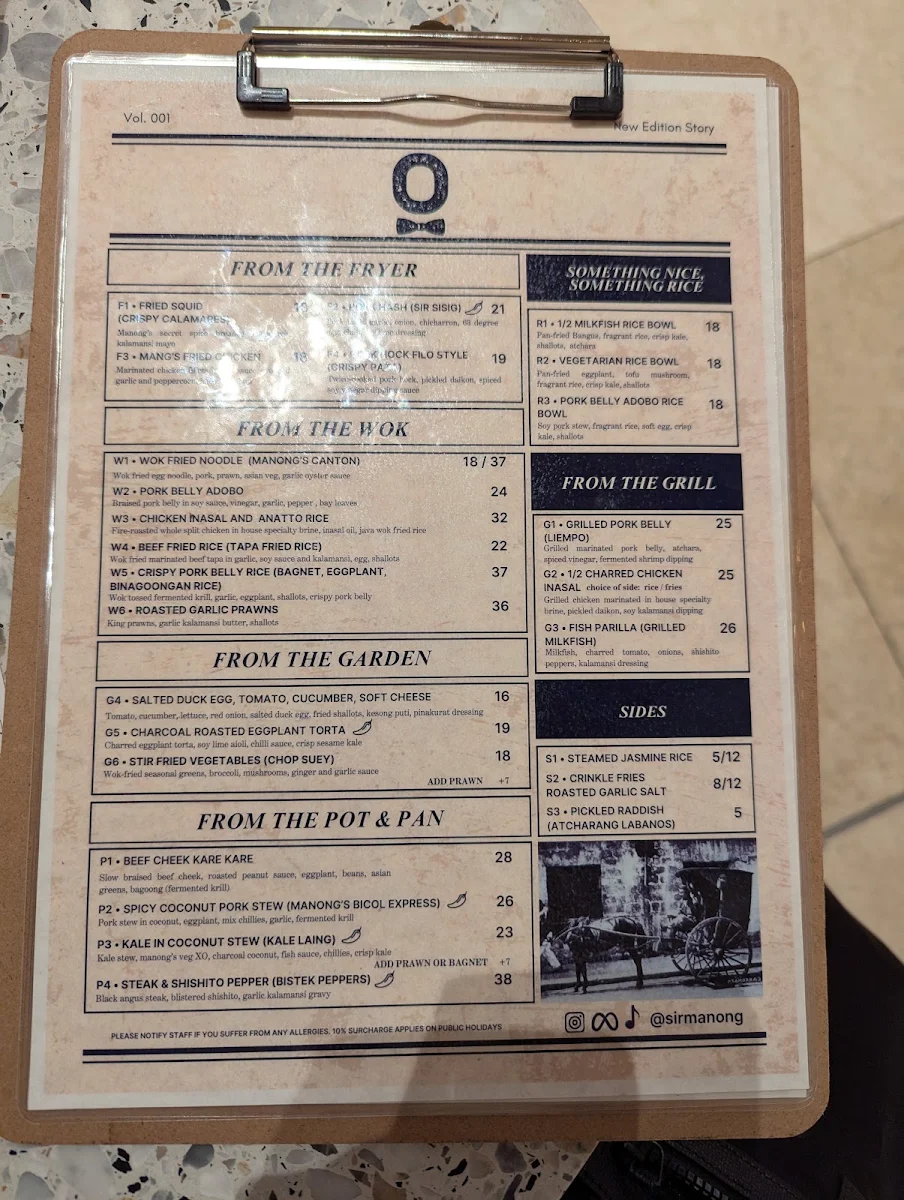 Menu, Sir Manong Chatswood Chase