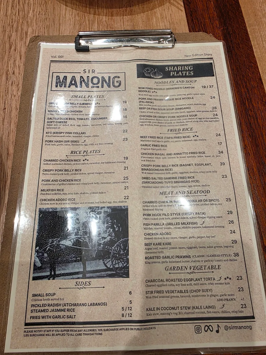 Menu, Sir Manong Chatswood Chase