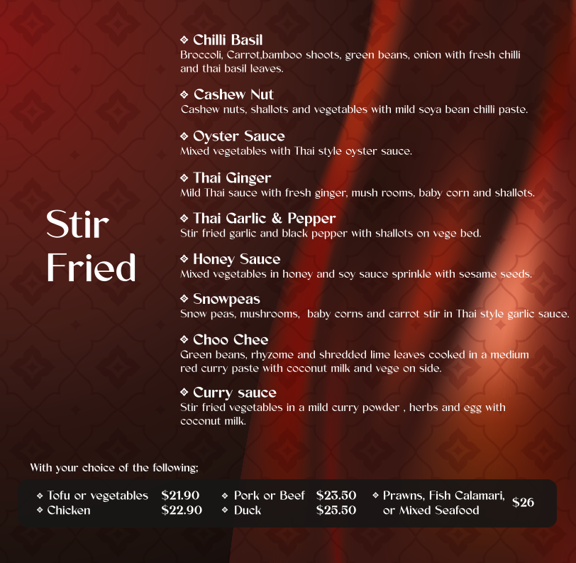 Menu, Cobar Thai Restaurant
