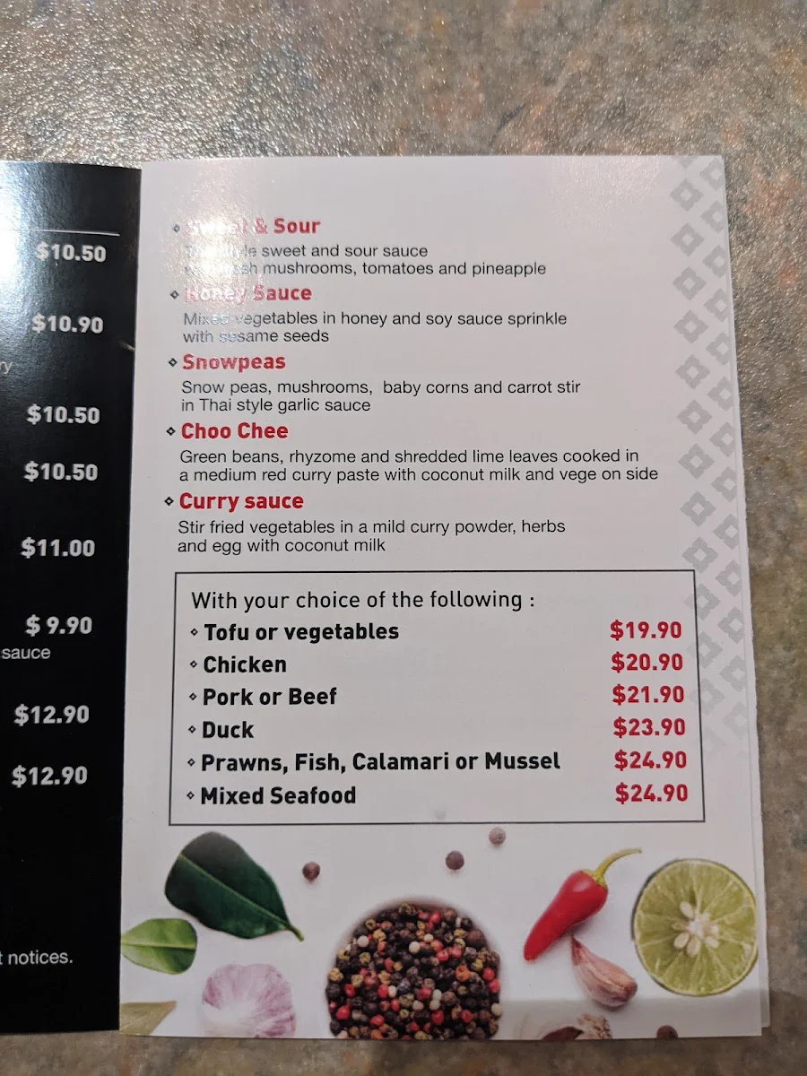 Menu, Cobar Thai Restaurant