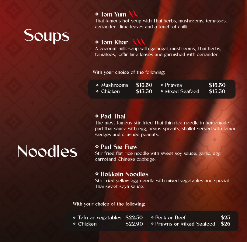 Menu, Cobar Thai Restaurant