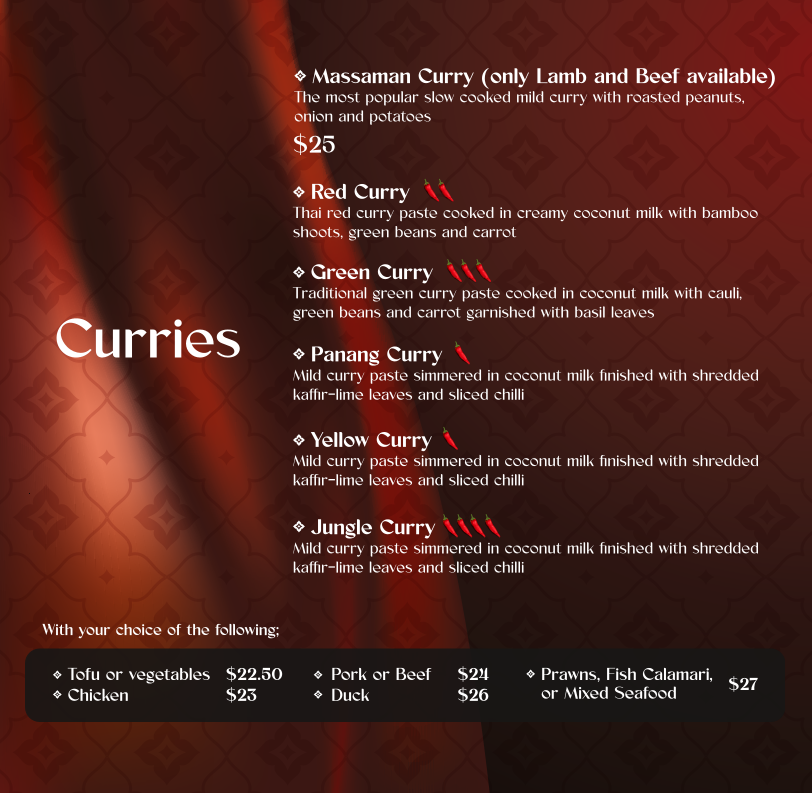Menu, Cobar Thai Restaurant