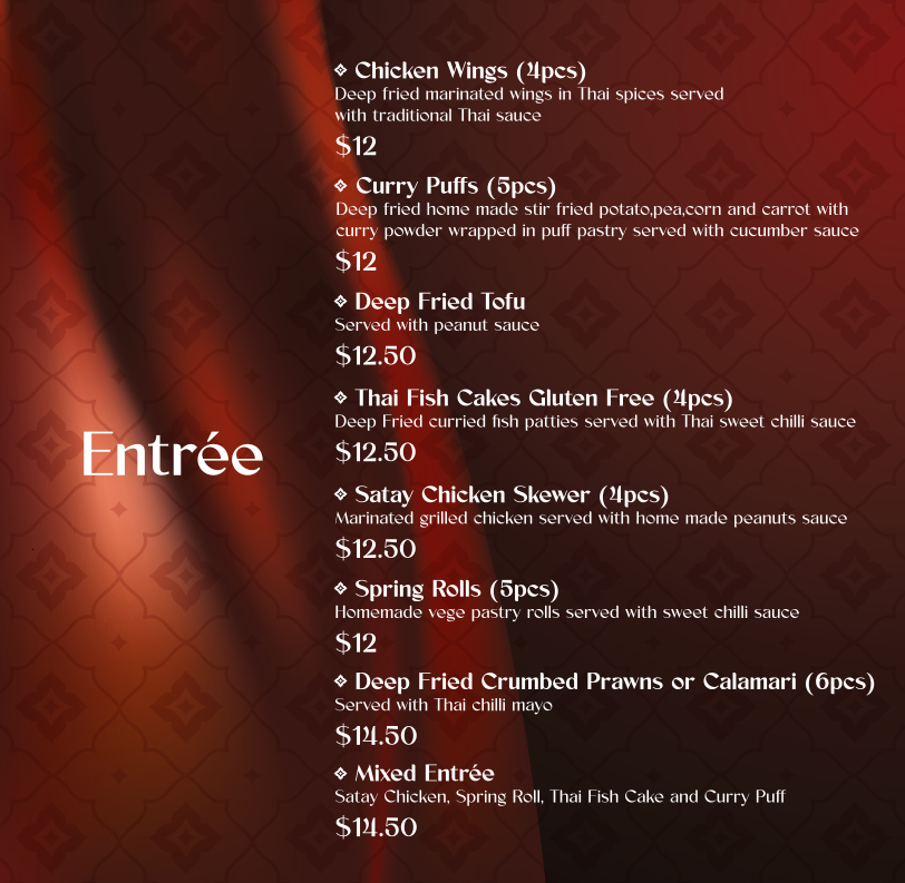 Menu, Cobar Thai Restaurant