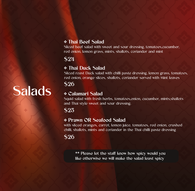 Menu, Cobar Thai Restaurant