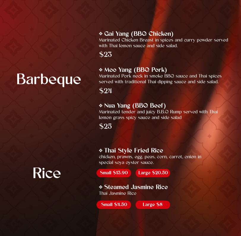 Menu, Cobar Thai Restaurant