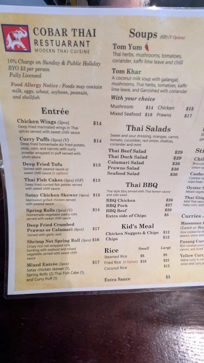Menu, Cobar Thai Restaurant