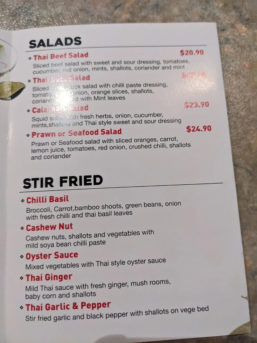 Menu, Cobar Thai Restaurant