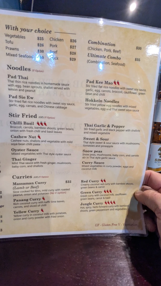 Menu, Cobar Thai Restaurant