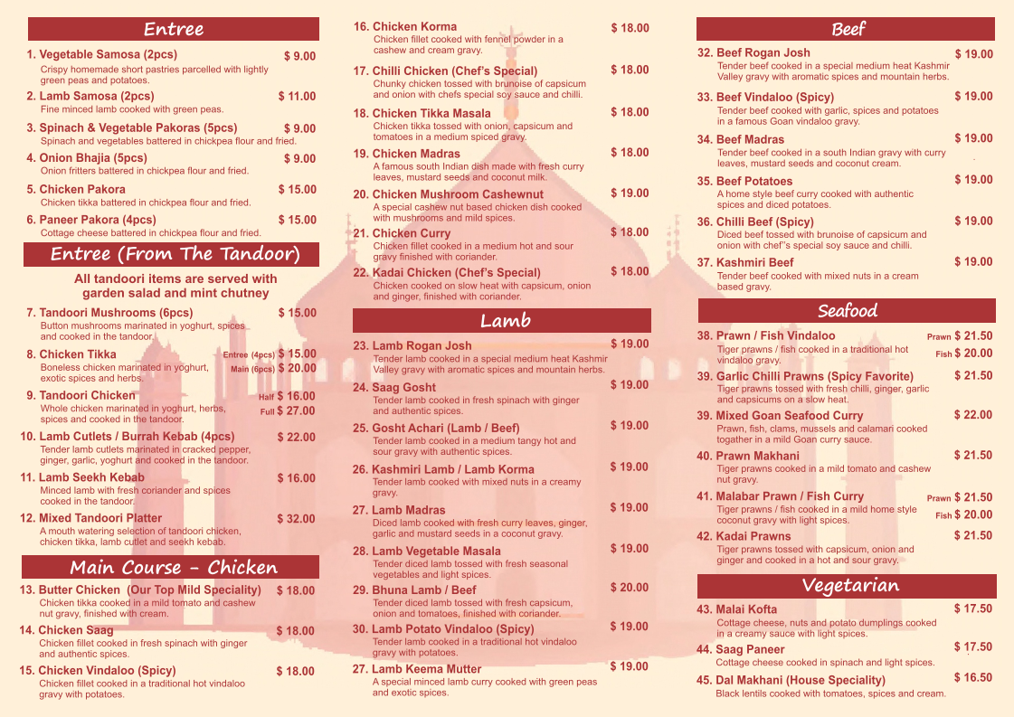 Menu, Tandoori Corner Indian Restaurant
