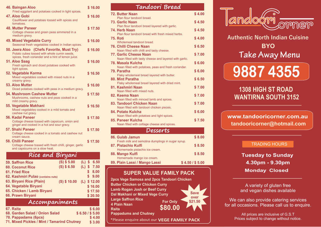 Menu, Tandoori Corner Indian Restaurant