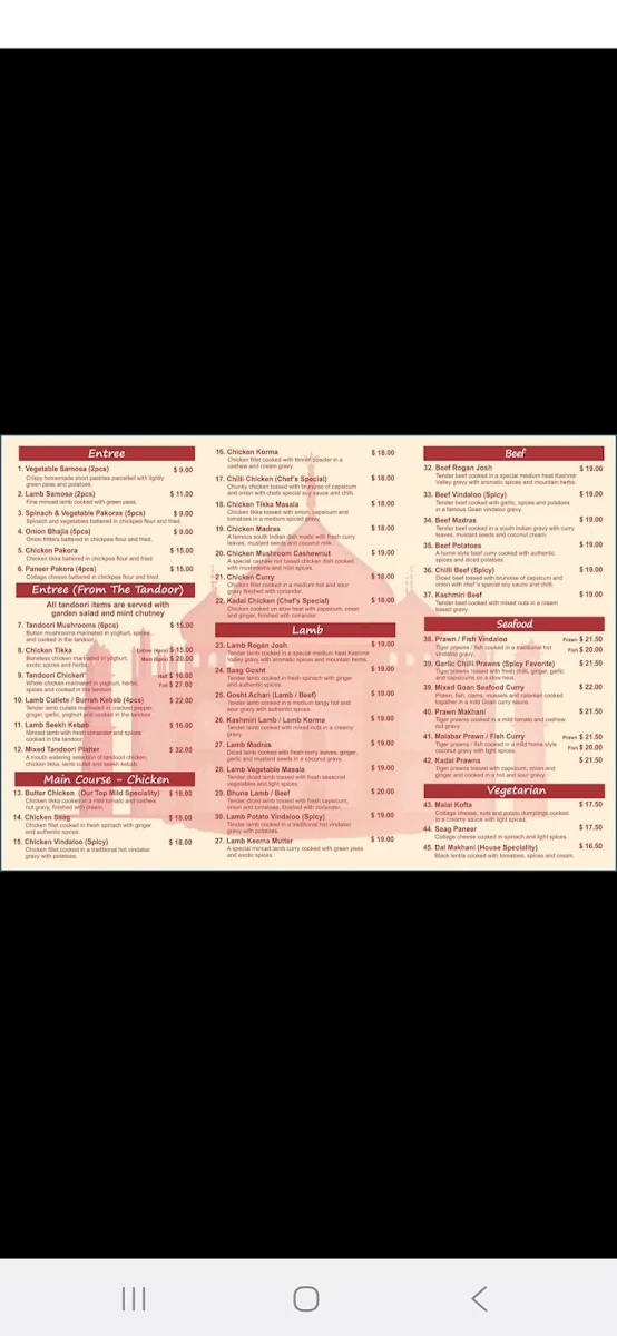 Menu, Tandoori Corner Indian Restaurant