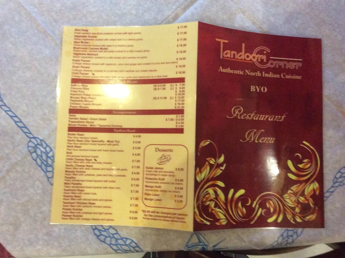 Menu, Tandoori Corner Indian Restaurant