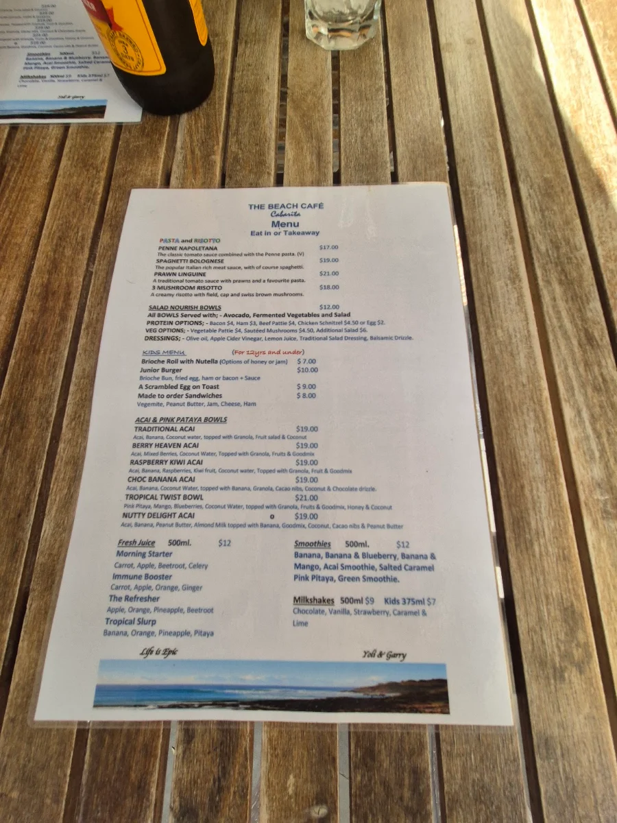 Menu, The Beach Cafe Cabarita