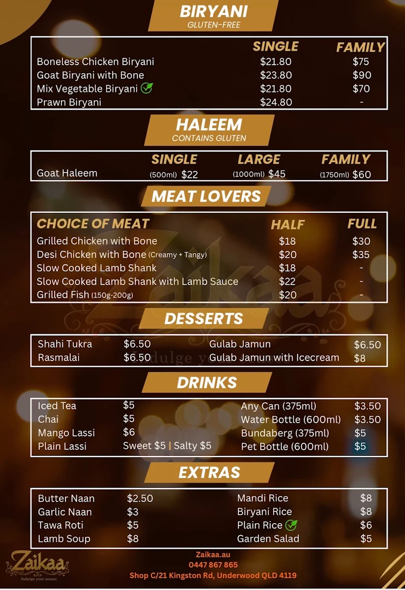 Menu, Zaikaa - Indian and Arabic