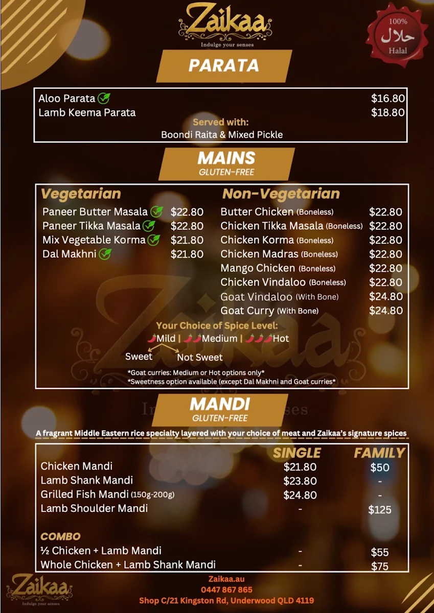 Menu, Zaikaa - Indian and Arabic
