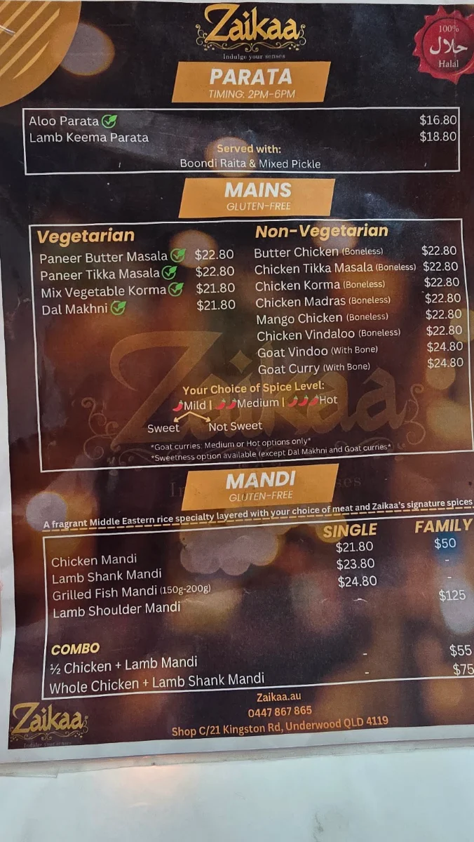 Menu, Zaikaa - Indian and Arabic
