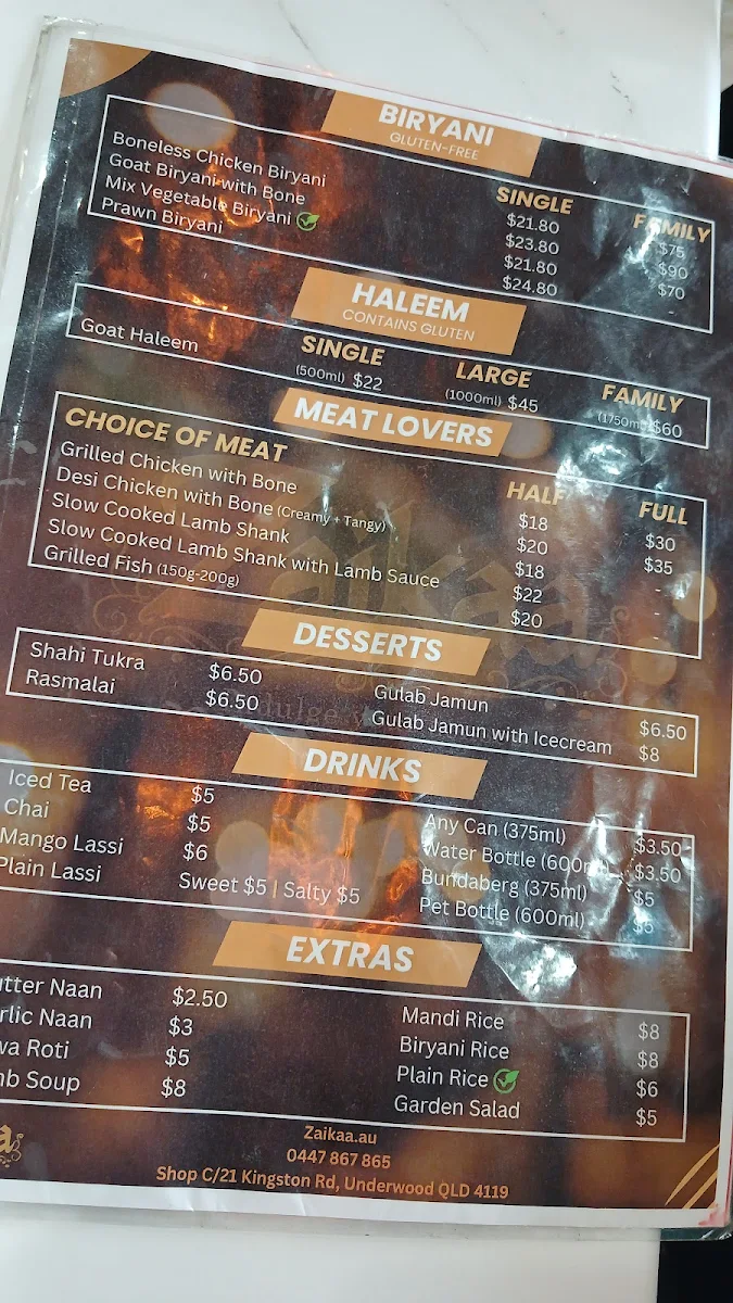 Menu, Zaikaa - Indian and Arabic