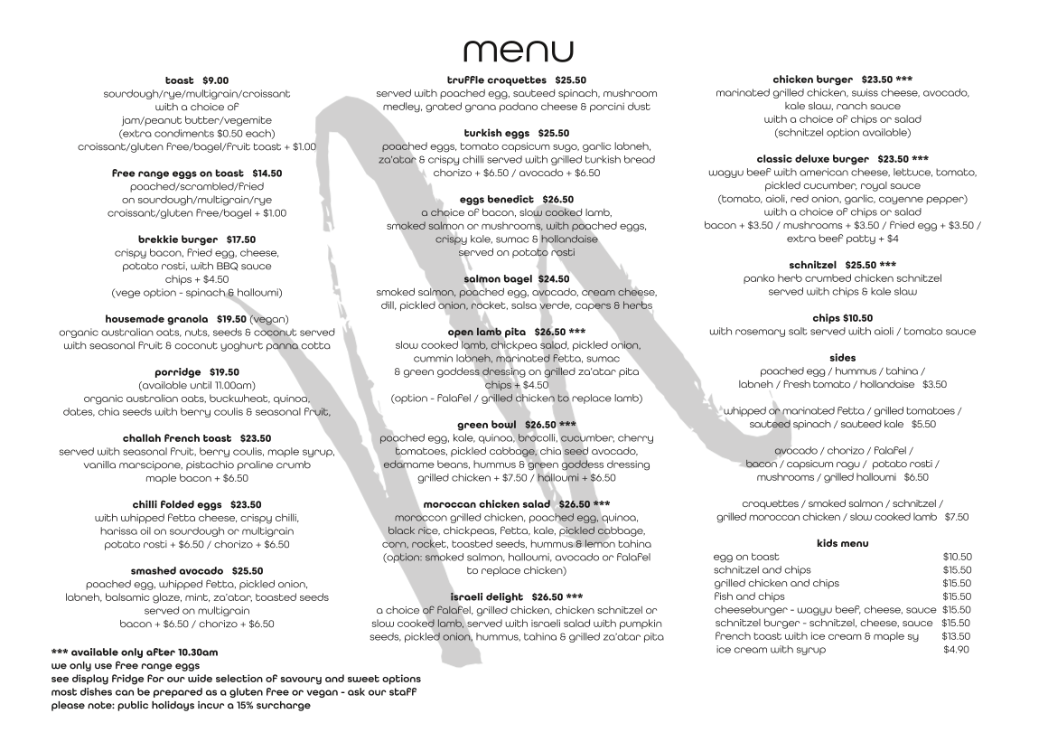Menu, Mooks Cafe