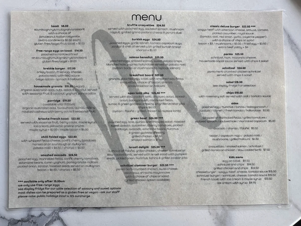 Menu, Mooks Cafe