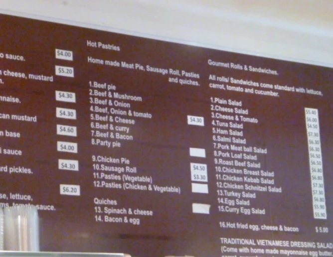 Menu, N. Lee Bakery Cafe